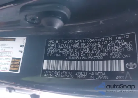 2012 Toyota Prius Two z USA, uszkodzony, nr VIN JTDKN3DU6C1567708